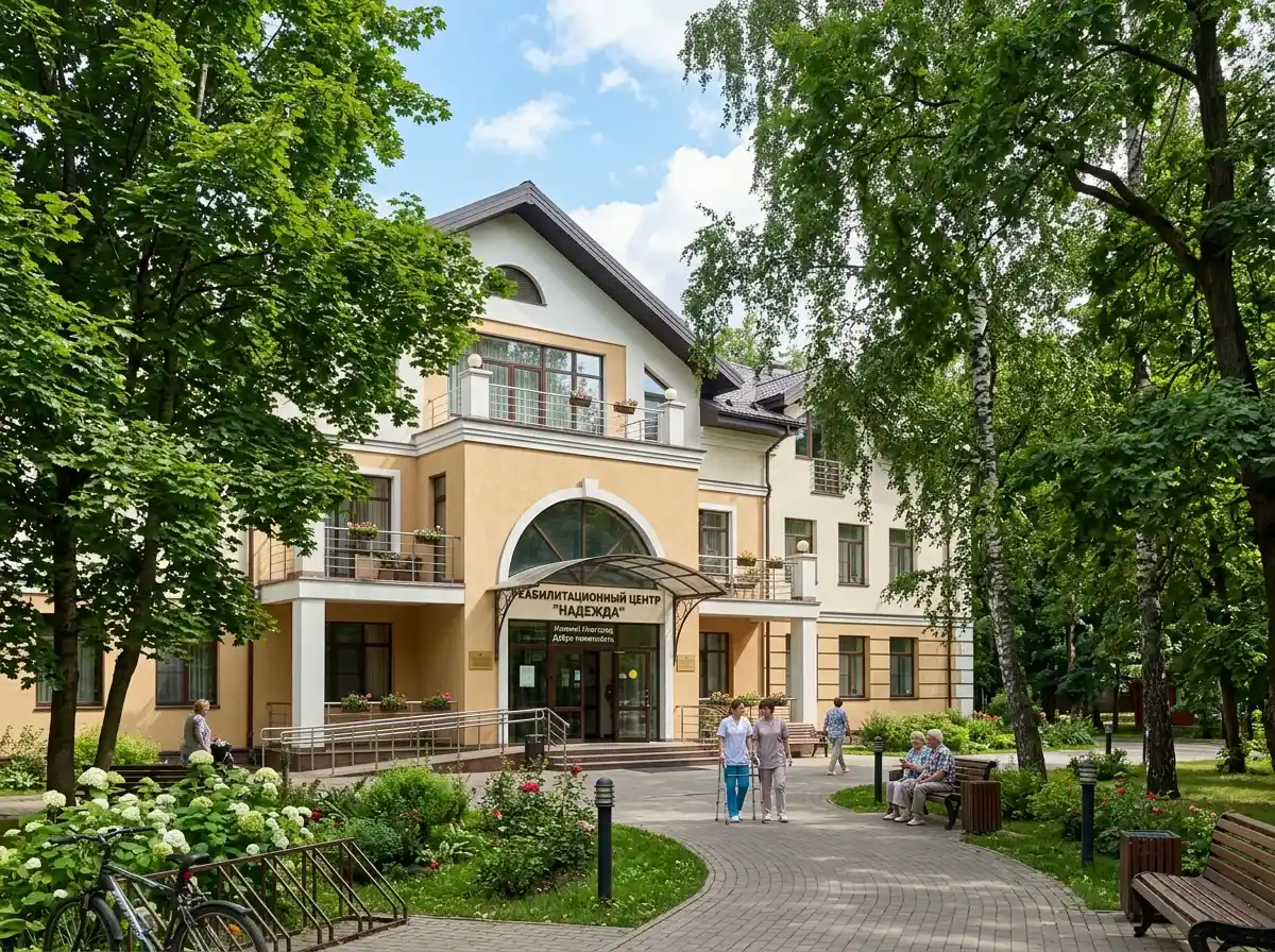 Фасад здания реабилитационного центра в Нижнем Новгороде, окружённый деревьями, летний день, приятная архитектура